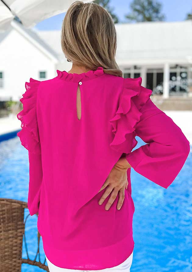 LM Irene Pleated Long Sleeve Ruffle Trim Blouse Rose