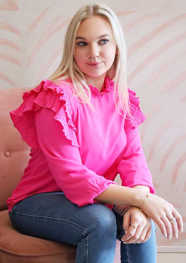LM Irene Pleated Long Sleeve Ruffle Trim Blouse Rose