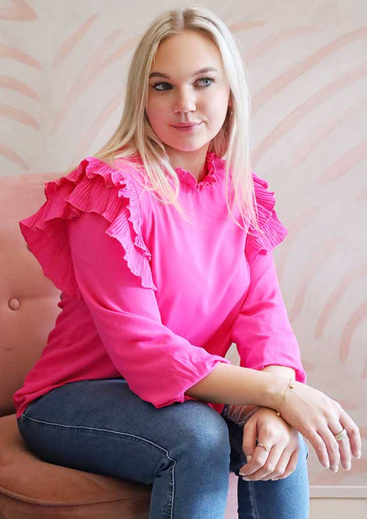 LM Irene Pleated Long Sleeve Ruffle Trim Blouse Rose