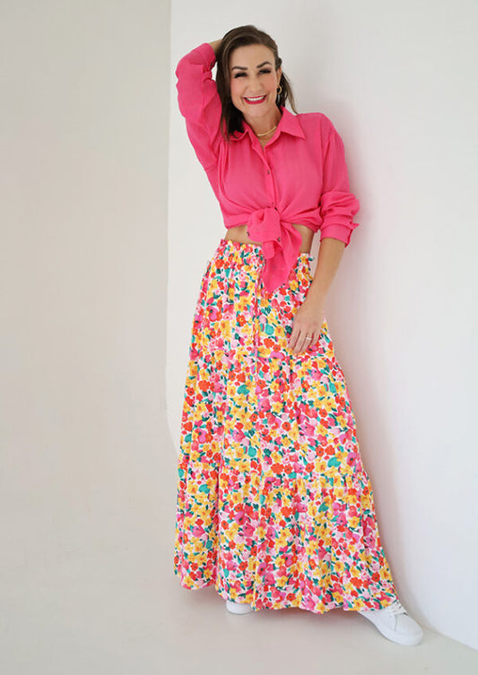 LM Rosali Floral Print Tiered Long Skirt